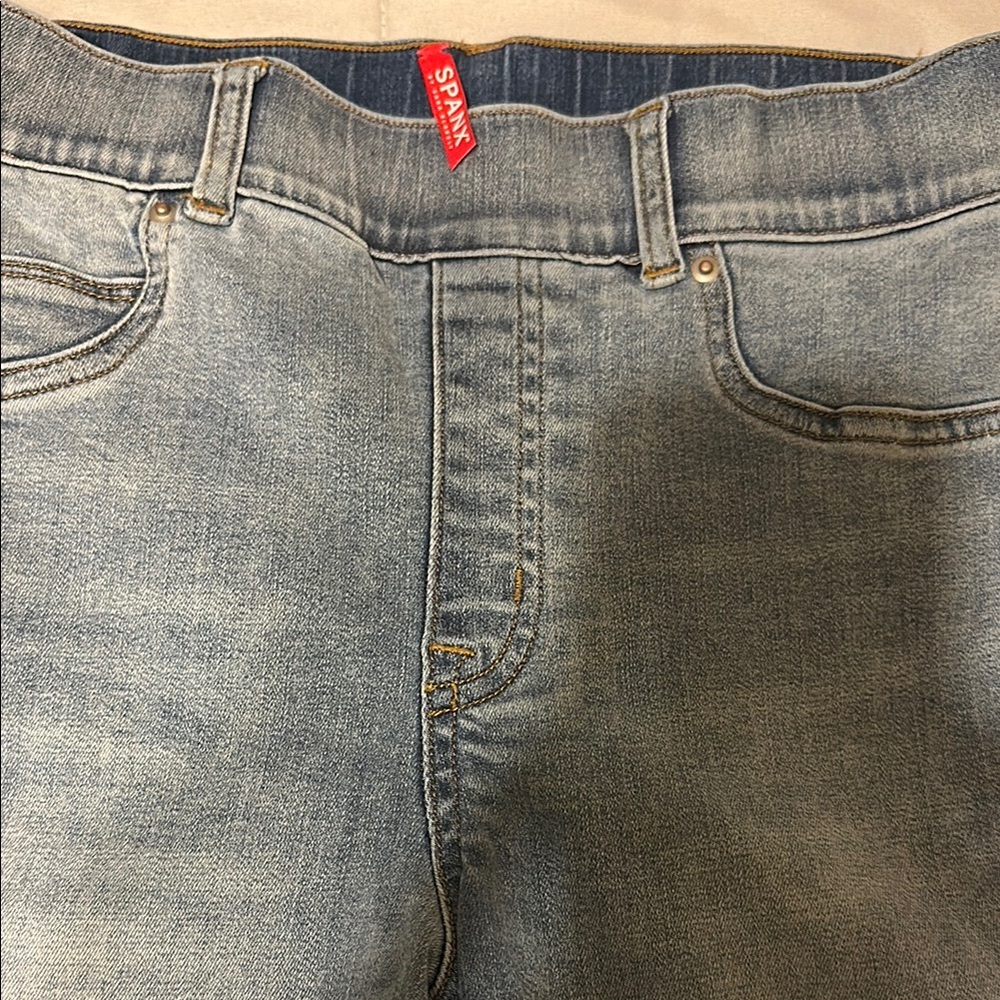 SPANX Blue Straight Leg Jeans with Subtle Distressing